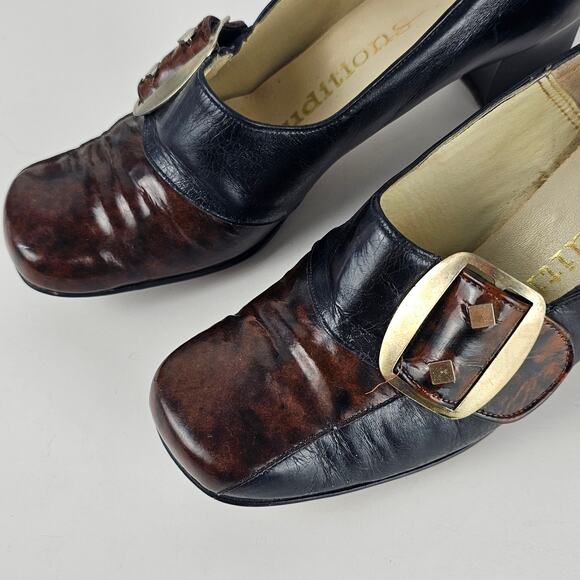 Vtg 1970s two tone leather square toe retro mod block heel pumps shoes 7.5 - Picture 6 of 8